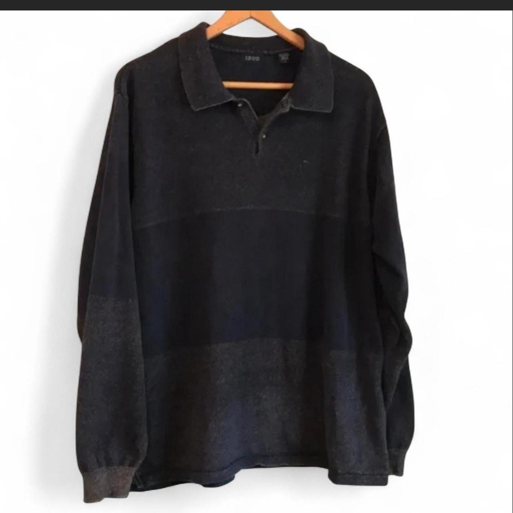 IZOD Men's L Navy Blue Tan Cotton Poly Collared 1/4 Button Long Sleeve Sweater